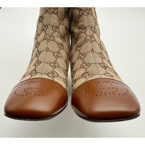 Gucci Ellis GG Logo Leather Trimmed Ankle Boots Camel Ebony Canvas EU 39.5 US9.5 - Picture 11 of 14
